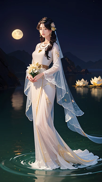 (masterpiece,Highest quality,,8k,High resolution),One female,,Compassionate Mother Kannon,Black Hair,,Wave,,Standing on the surface of the water,,flower,bird,,moon,,jewelry,Holding,Long sleeve,Veil,necklace,Lotus,Long Hair,dress,(whole body),Highly detailed CG,