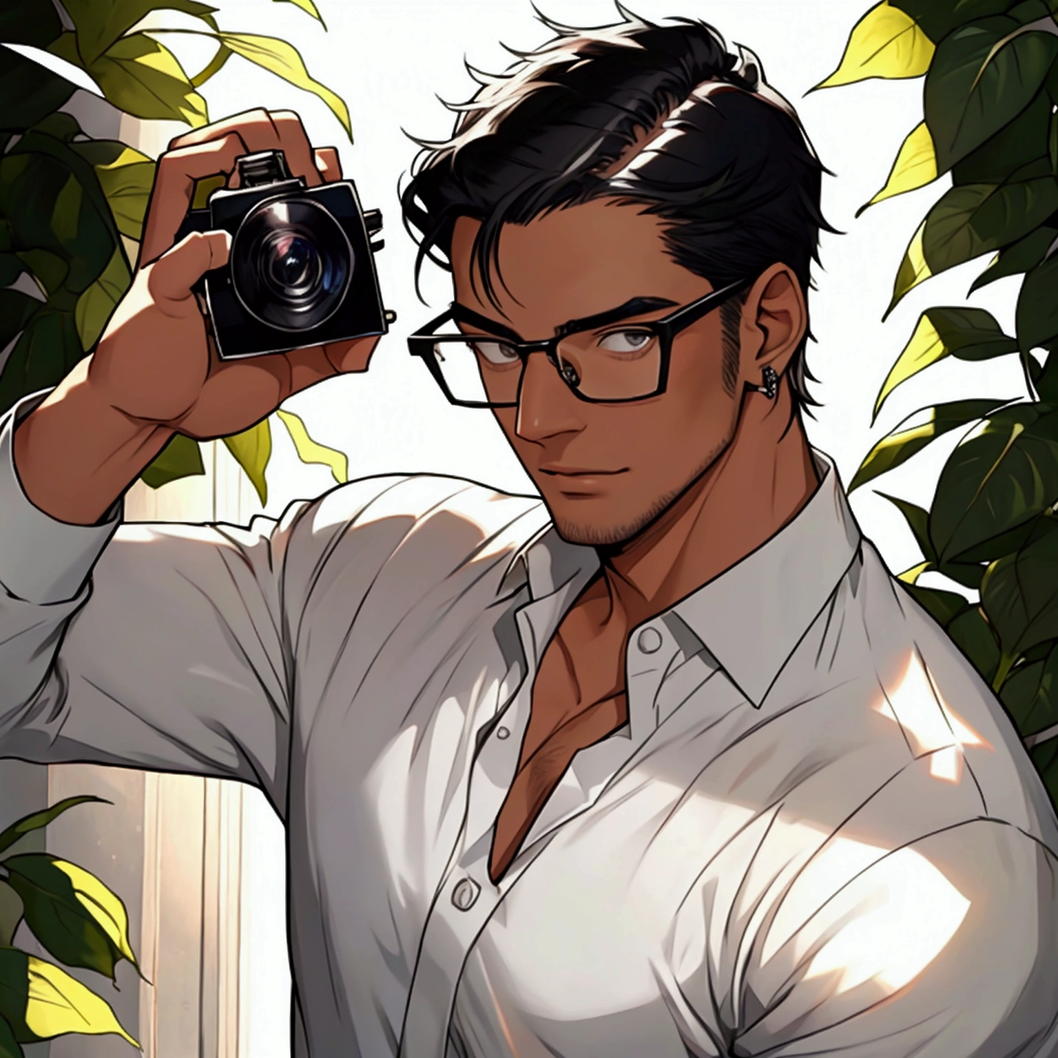 black hair, Solo male, silver Jewelry , close up, camera POV, basic white shirt , half body , glasses