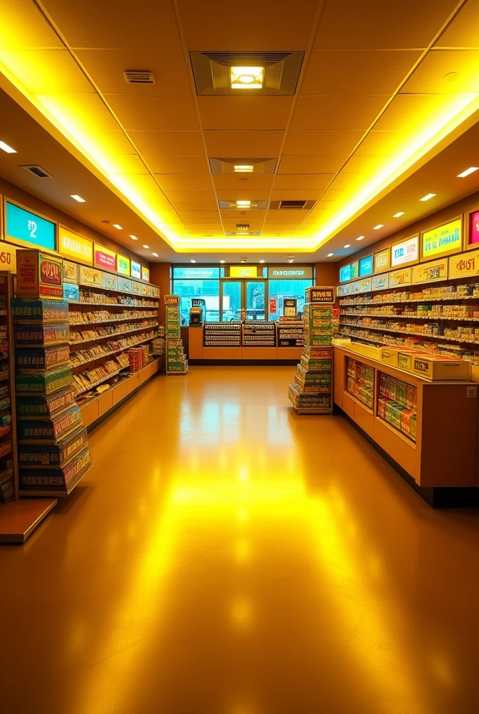 Lottery store the store lights are on and they are yellow  big spacious clean store bright gold lights
No one is there

Cinematic 