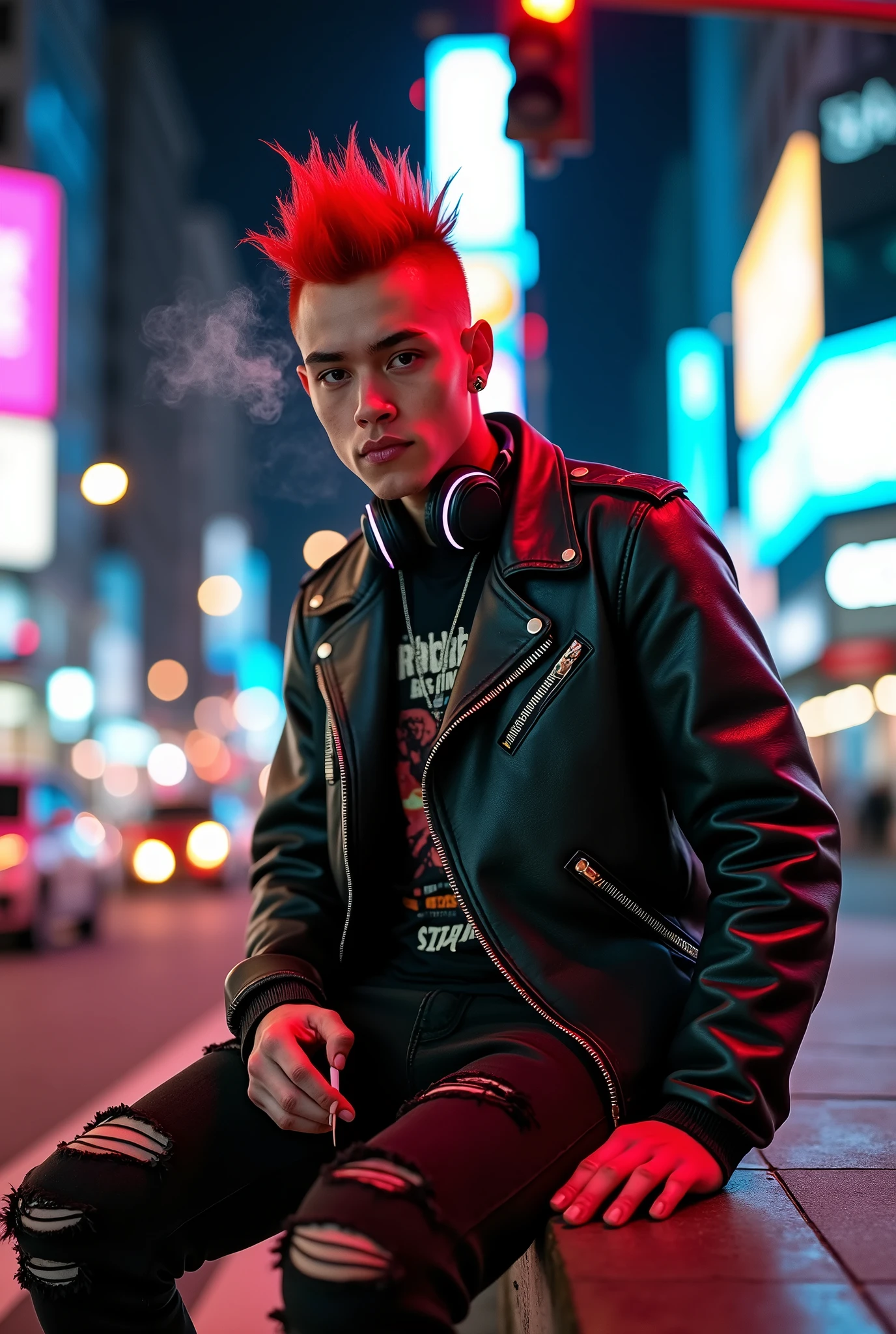 Young man as a punk rocker style(red mohican hair) is holding a cigaretes on his finger((blowing the smokes)), wearing spikes tight leather jacket, t-shirts and tight scars jeans, sitting on the shelter near the traffic lights and marks, low angle camera shots, neon loghts headphones on his neck, wearing smartwatch, black leather converse shoes, lot of cars in the streets