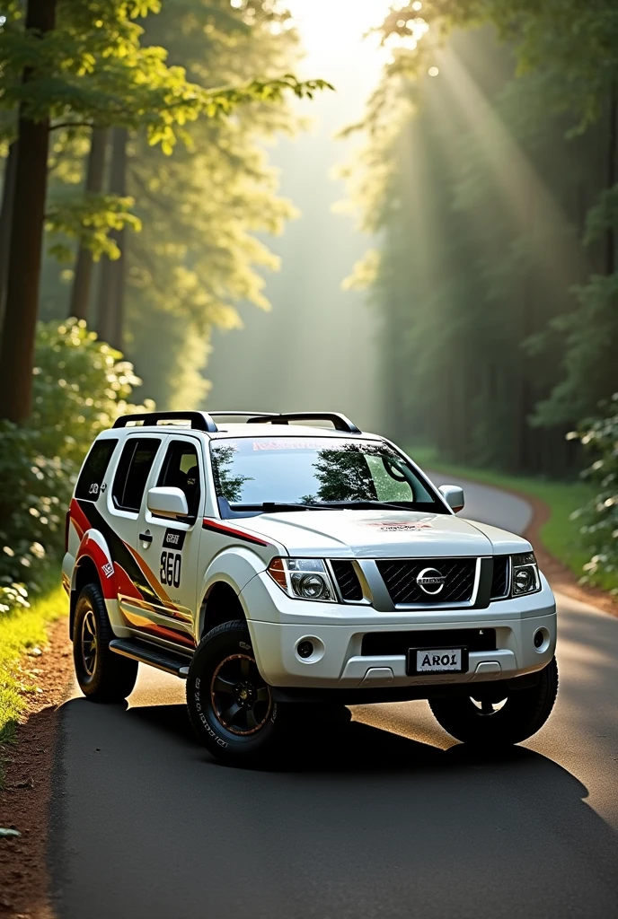 A white 2005 Pathfinder R51 4x4 with stripes on the sides and dark windows and racing decorations