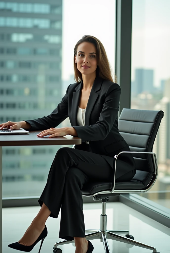 Please modify the details of the last two images generated:Presents a full female body,Includes shoes,The woman's legs should be crossed on the office desk。