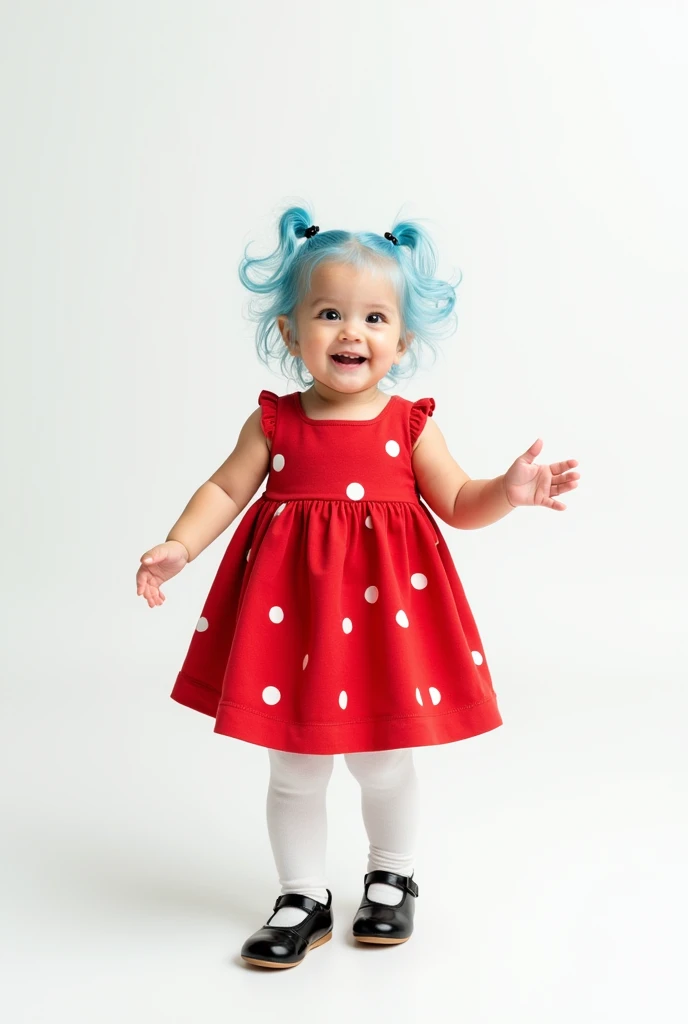 One-year-old baby girl with animated light blue hair wearing a red dress with white dots, white tights and black doll shoes on a white background.