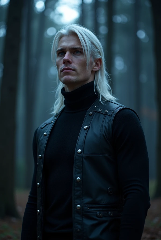 Tall young white guy, forte e musculoso. His shoulders are broad and muscular. NORMAL and ROUND face. . SMALL and ROUND CHIN. Her lips are thin, NORMAL and beautiful. HIS EYES ARE VIOLET and VERY BRIGHT. his Eyebrows are white. white hair, VERY LONG and voluminous thrown back. He wears a black turtleneck sweater with a leather vest and some rivets. He has a mysterious appearance and lives in a night forest. He's a good guy. He fights for justice and has a beautiful and charming smile.