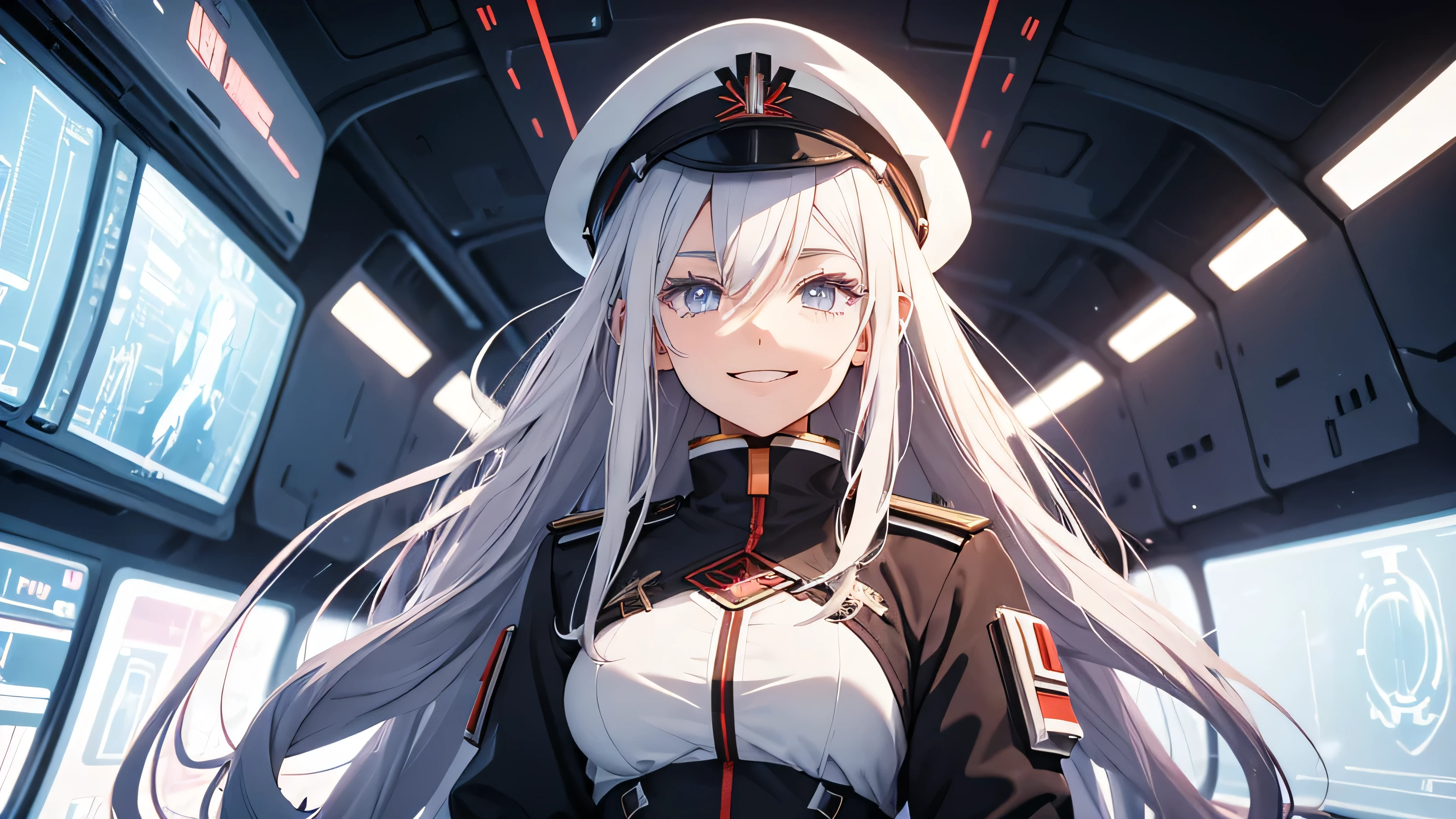 Draw a smiling girl in a futuristic spaceship setting. Her hair is white with a scarlet strand in it. She should look like Vladlena Milize from the anime 86. Black military clothing and beret.