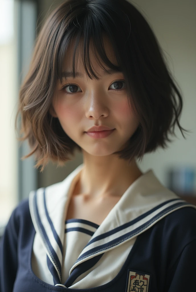 Highest quality, Face Focus, Soft Light, Ultra-high resolution, (Realistic:1.4), RAW Photos, 1 Japan, alone, cute, (A shy smile:0.5), (Brown eyes, Light in your eyes), Beautiful face in every detail, (Small box),(High resolution detail of human skin texture), (Short Bob Hair), break, In the classroom,Navy uniform, Best, skirt,Completely naked,Erotic