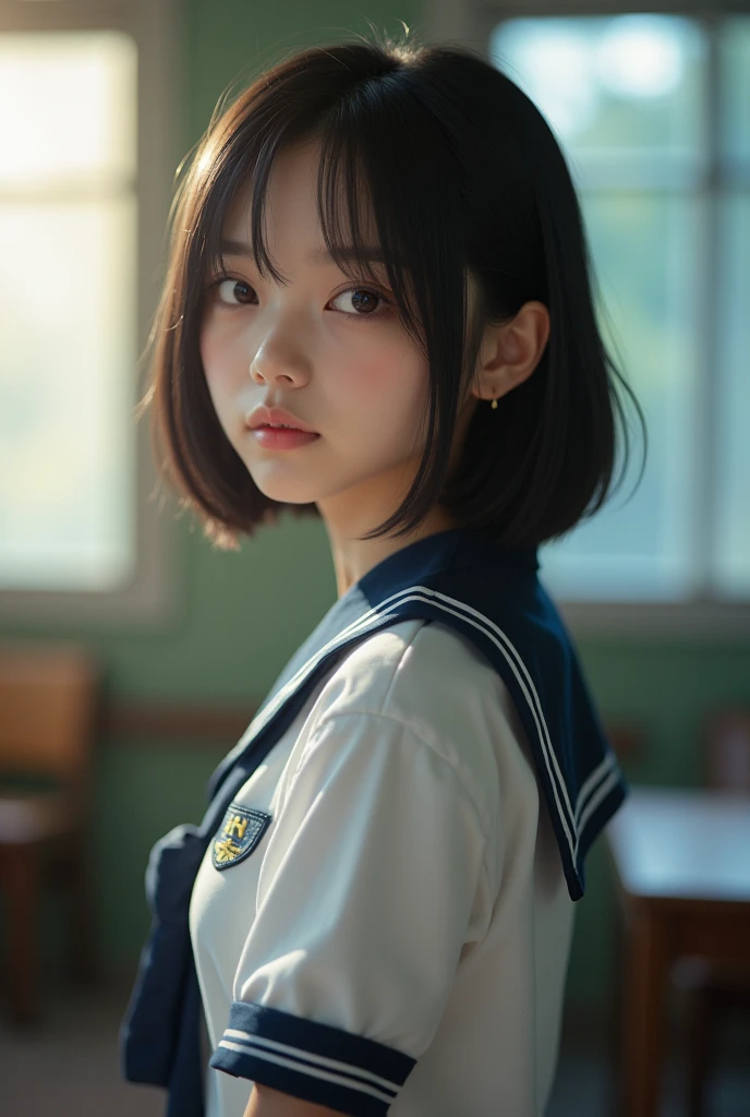 Highest quality, Face Focus, Soft Light, Ultra-high resolution, (Realistic:1.4), RAW Photos, 1 Japan, alone, cute, (A shy smile:0.5), (Brown eyes, Light in your eyes), Beautiful face in every detail, (Small box),(High resolution detail of human skin texture), (Short Bob Hair), break, In the classroom,Navy uniform, Best, skirt,Completely naked,Erotic
