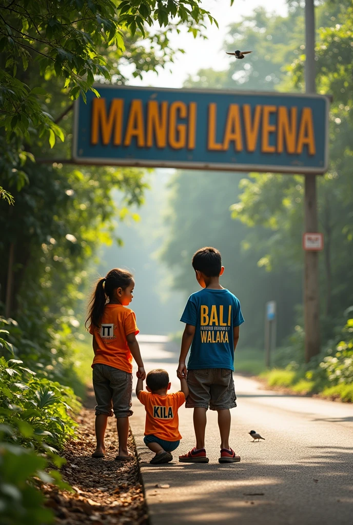 Write MANGI LAVENA on the big sinebord side of the road junction... Road going in to the bush.And girl with his t shirt Name BALI WALAKA on it and the boy t shirt Name TT REKZ on it... They were working in with their baby working in the middle,her t shirt Name KILA