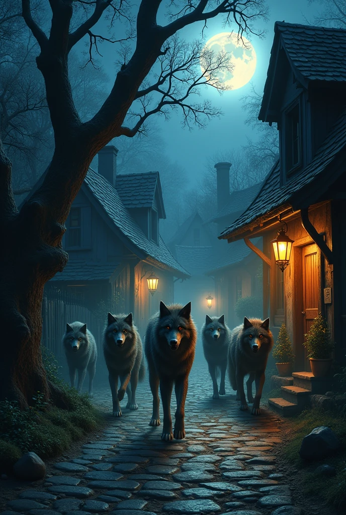 show a five scary werewolf image in village with the villagers, but the werewolf don't too bigger