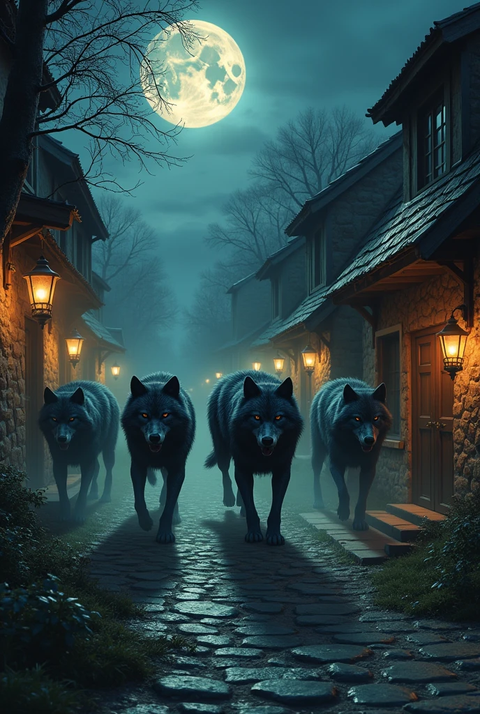 show a five scary werewolf image in village with the villagers, but the werewolf don't too bigger