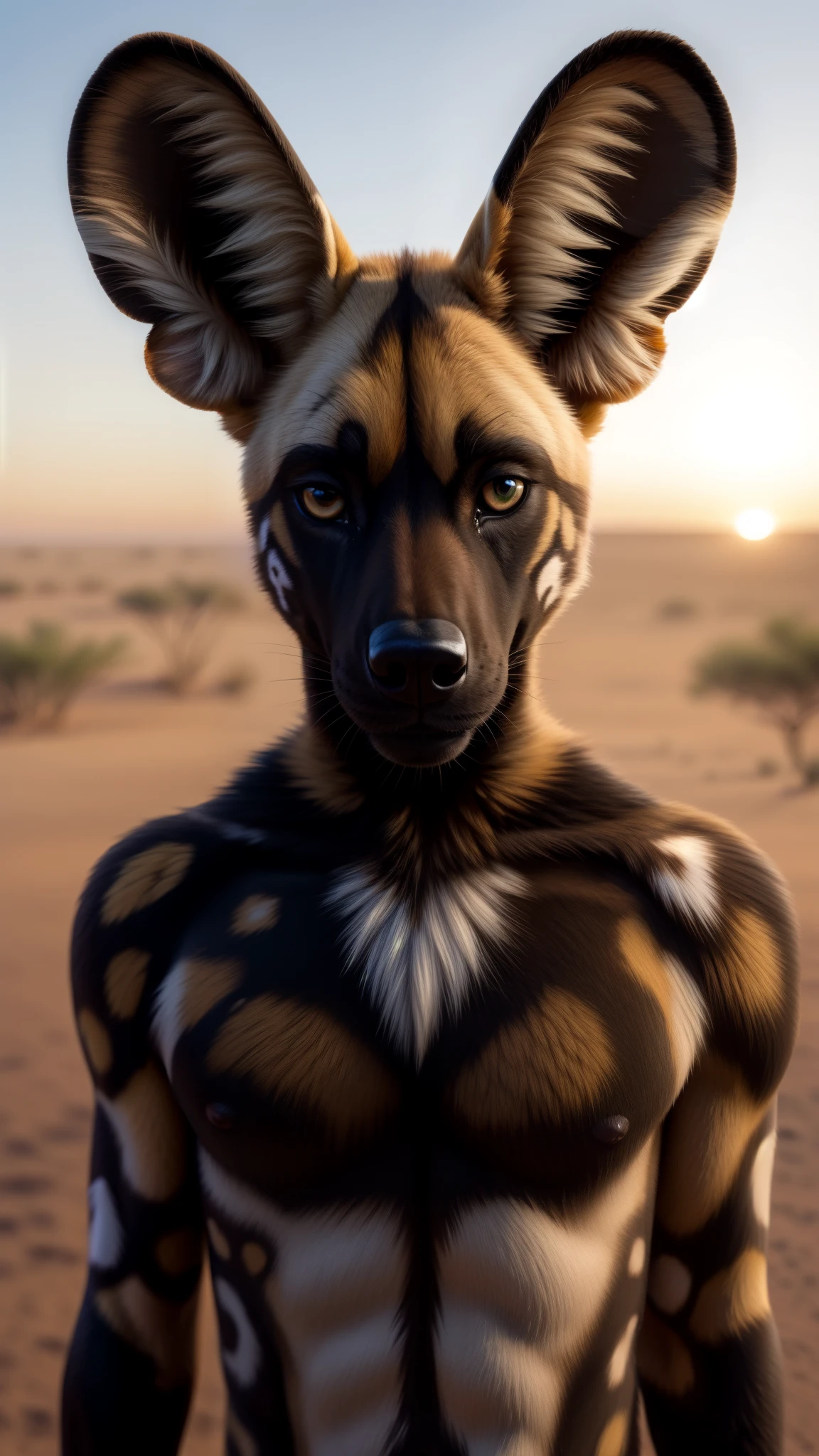 White African wild dog looking at camera, South Africa background,
