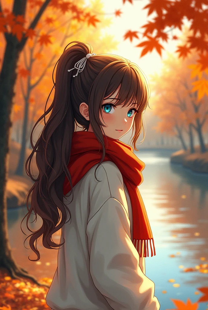 (masterpiece), best quality, ultra-detailed, illustration, warm lighting, soft lighting, bright colors, 1 girl, solo,( beautiful girl, long hair, blue eyes, ribbon, brown hair, hair between eyes, hair ribbon, sidelocks, very long hair, messy hair,) , autumn, many maple tree, maple leaves, golden leaves, fall foliage, Dried leaves, river, crisp air, peace, cool breeze , sweater weather,( wear white or brown sweater, red scarf, Moody fall, Wistful, Melancholy, sad ,worried, Longing,)