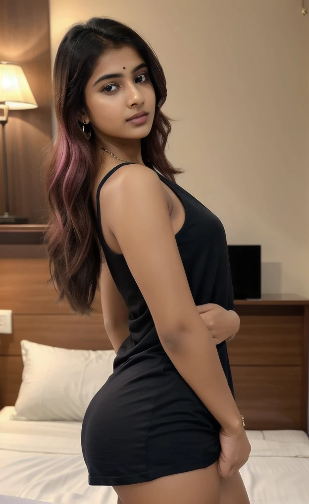 Generate a hot indian girl, sexy, realistic lovely cute young attractive indian girl, blue eyes, gorgeous actress, 19 years old, cute, an Instagram model, long hair, pink hair, Indian, wearing tank top black, wearing bindi in forehead, ear rings,looking hot, hotel bedroom cinematic light, in room perfect light, full body view,,Indian realistic