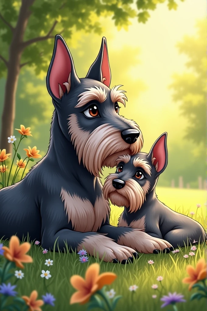 Draw two schnauzer dogs with long eyelashes, one is the mother of the other, one bigger and one smaller together