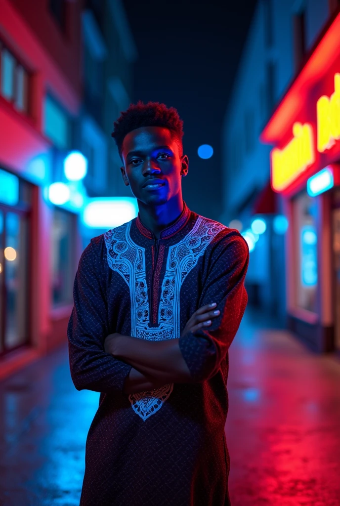Generate an image of Ethiopian teenager man with a blue and red led lights effects size of image 1:1
