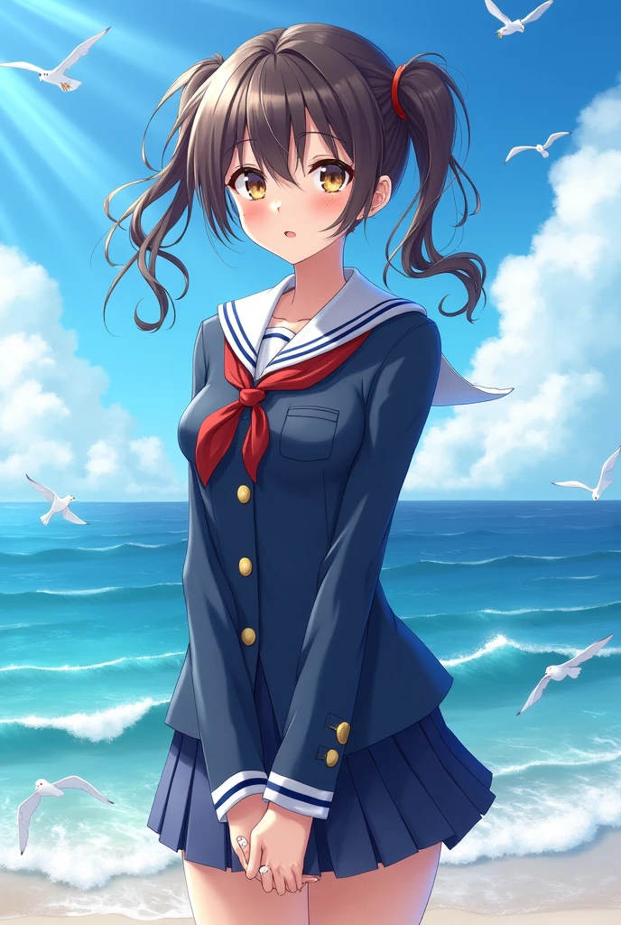 Realistic portrait of clothed animals - ( (Tortoiseshell cat) student,(Furry),(Graceful pose:1.5),(Hands on hips:1.5),(Smiling:1.5),High quality,(),(Adorable),Exquisite detail,Wearing Japanese sailor uniform,(),Highly detailed ((Female sailor uniform)),Highly detailed outfit,Knee socks,(Happy),Soft lighting,(Full body image:2.0),Classroom background,Clouds,Score 9,Score 8_up,Score 7_up,Score 6_up,Score 5_up,Score 4_up,
