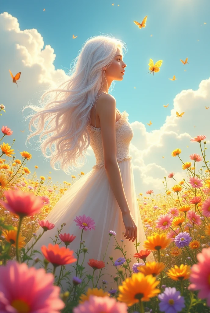 A beautiful white-haired girl is standing in the middle of a flower field.