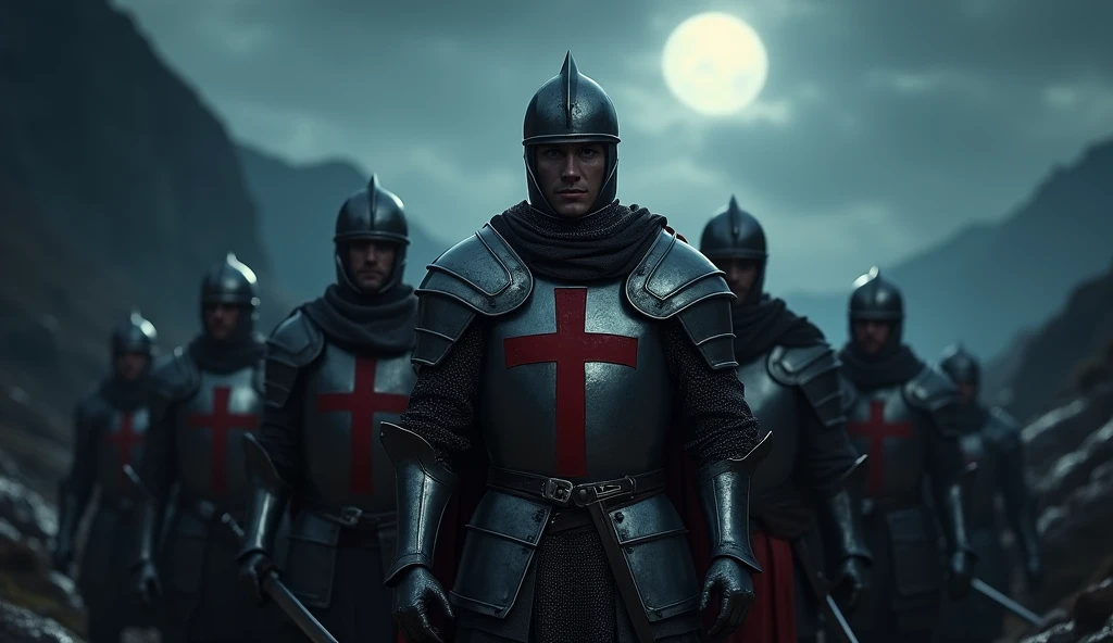 A highly realistic, high-contrast, 8K HD, detailed, hyper-detailed image of a group of Crusader knights, led by the protagonist in steel armor with a red cross emblem on his chest, all facing the same direction under the cover of night. The protagonist's face is clearly visible, showing determination and resolve as he leads the group. The other knights stand united beside him, their swords at the ready, as they prepare to face the challenges ahead. The dramatic landscape around them is illuminated only by the faint light of the moon and stars, with rugged terrain and ominous skies heightening the intensity of the scene. The atmosphere is tense yet filled with camaraderie and resolve, capturing the unity and unyielding spirit of the Crusaders as they stand together in the darkness. The image is of the highest quality, with ultra-high resolution, RAW photo quality, and Unreal Engine rendering, showcasing the solidarity and strength of the Crusaders, with the protagonist leading them under the night sky.
