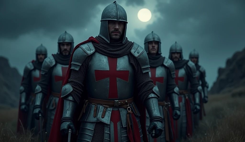 A highly realistic, high-contrast, 8K HD, detailed, hyper-detailed image of a group of Crusader knights, led by the protagonist in steel armor with a red cross emblem on his chest, all facing the same direction under the cover of night. The protagonist's face is clearly visible, showing determination and resolve as he leads the group. The other knights stand united beside him, their swords at the ready, as they prepare to face the challenges ahead. The dramatic landscape around them is illuminated only by the faint light of the moon and stars, with rugged terrain and ominous skies heightening the intensity of the scene. The atmosphere is tense yet filled with camaraderie and resolve, capturing the unity and unyielding spirit of the Crusaders as they stand together in the darkness. The image is of the highest quality, with ultra-high resolution, RAW photo quality, and Unreal Engine rendering, showcasing the solidarity and strength of the Crusaders, with the protagonist leading them under the night sky.