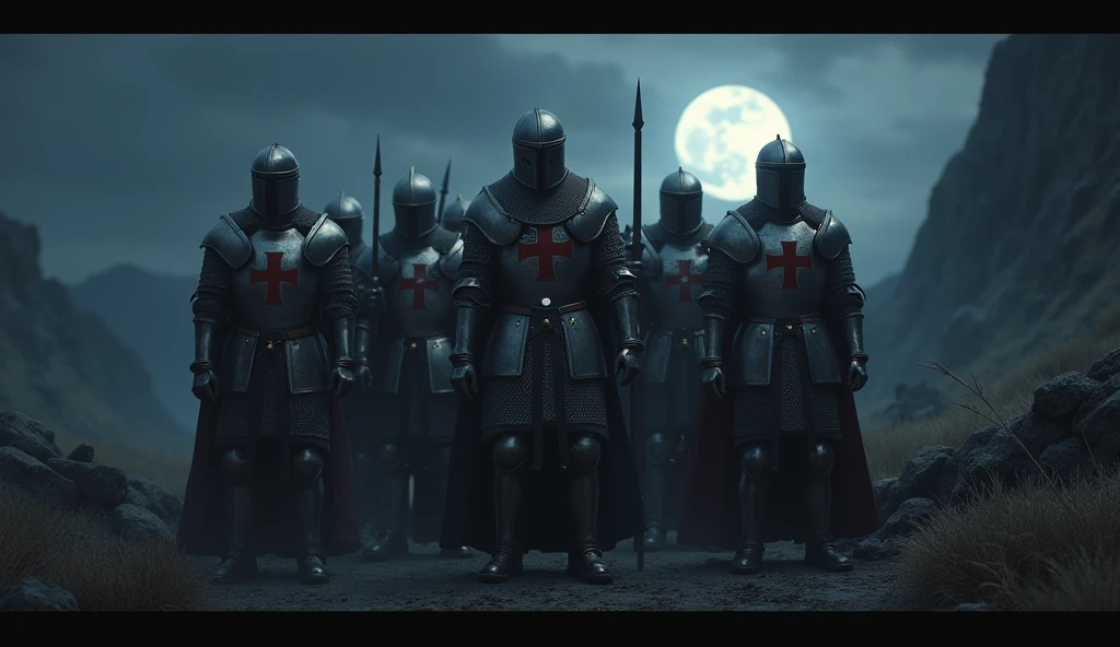 A highly realistic, high-contrast, 8K HD, detailed, hyper-detailed image of a group of Crusader knights, led by the protagonist in steel armor with a red cross emblem on his chest, all facing the same direction under the cover of night. The protagonist's face is clearly visible, showing determination and resolve as he leads the group. The other knights stand united beside him, their swords at the ready, as they prepare to face the challenges ahead. The dramatic landscape around them is illuminated only by the faint light of the moon and stars, with rugged terrain and ominous skies heightening the intensity of the scene. The atmosphere is tense yet filled with camaraderie and resolve, capturing the unity and unyielding spirit of the Crusaders as they stand together in the darkness. The image is of the highest quality, with ultra-high resolution, RAW photo quality, and Unreal Engine rendering, showcasing the solidarity and strength of the Crusaders, with the protagonist leading them under the night sky.
