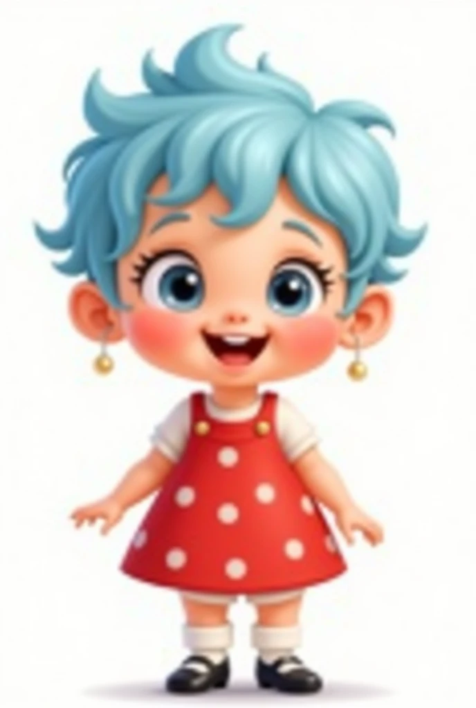One year old cartoon baby with light blue hair wearing red dress with white dots white tights and black doll shoes white background