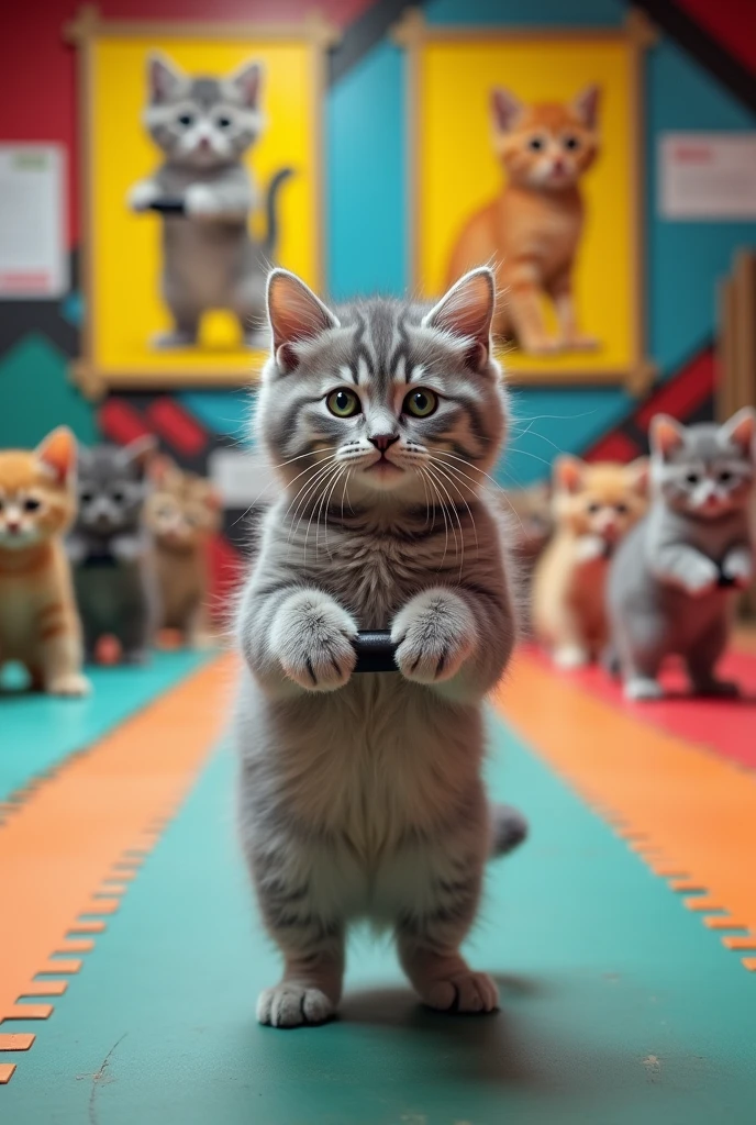 Kitten holding a dumbbell teaching a weightlifting class