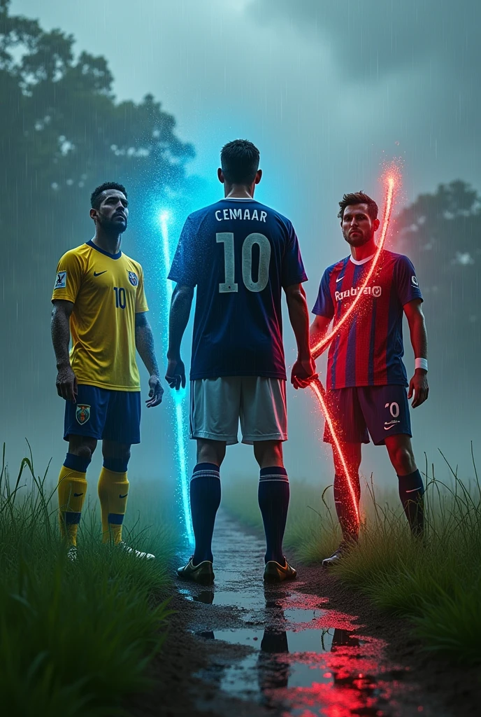 Neymar on the left Cristiano Ronaldo in the middle and Messi on the right, Cristiano Ronaldo holding a bright blue scythe.

Neymar holding a dark red scythe.

Messi holding a scythe with a red aura of death.


In the rain, smooth grass ((real-life))