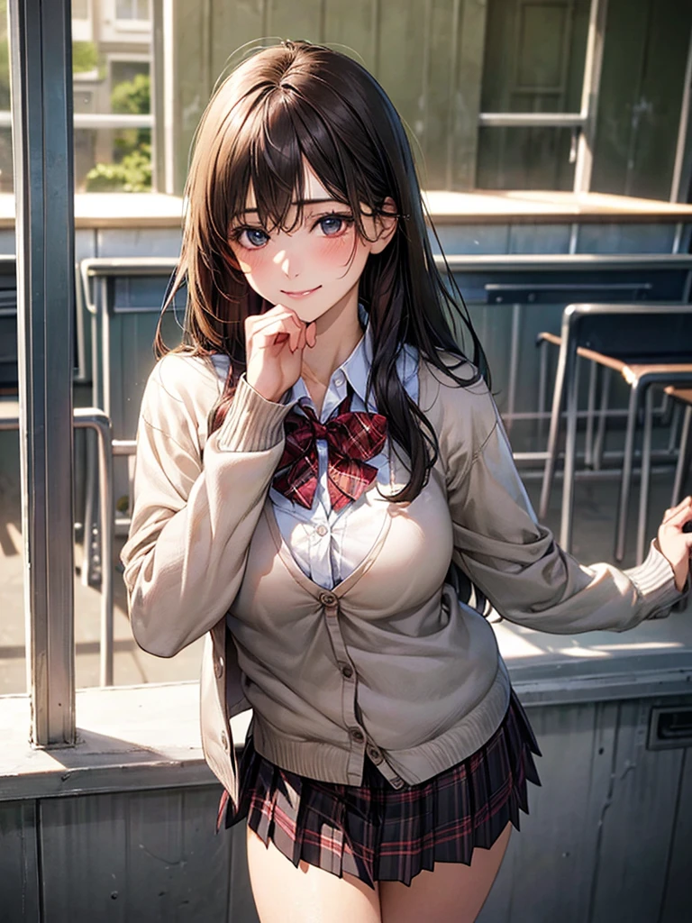 (masterpiece:1.2, top-quality), (realistic, photorealistic:1.4), beautiful illustration,
looking at viewer, full body, front view:0.6,
1 girl, japanese, high school girl, (long hair:1.5), blown hair, bangs, hair between eye, large breasts:1.3, busty, enhance breasts, press breasts together,
beautiful hair, beautiful face, beautiful detailed eyes, beautiful clavicle, beautiful body, beautiful chest, beautiful thigh, beautiful legs, beautiful fingers,
(beautiful scenery), school,
((collared shirt, white shirt, school uniform, light brown cardigan, gray pleated skirt,red plaid bow tie)), white panties,
(leaning forward, dynamic pose, arms up, hands on boobs),
smile:1.5, naughty face