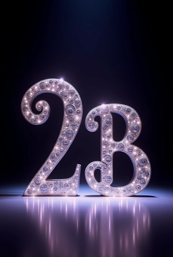 Create an image with the number 2 next to the letter B, both looking beautiful, with a white spotlight pointing at them. I want the background to be predominantly black with a hint of purple.