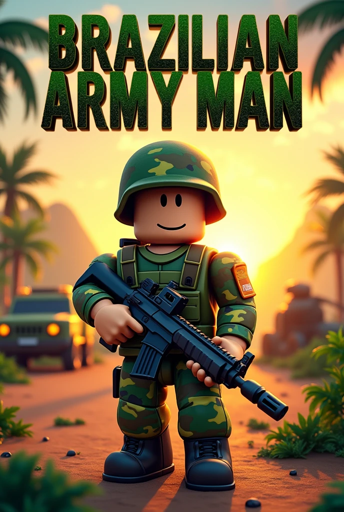 Create a cover for a game called Brazilian Army that is on Roblox and the game should be in Brazilian Portuguese and should contain a background of a Roblox army base with a square Roblox figure holding a weapon and written "Brazilian army man"