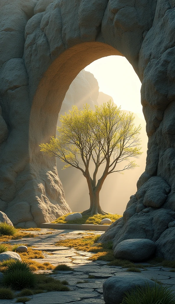 "Create a serene and reverent image of a nature-built entrance leading to a sturdy, sparsely-leafed tree, Set in a rocky environment. The scene should show a large entrance carved into the rock, with a rounded or arched entrance, covered by a large round stone that seems to be out of place, as if it had been rolled to the side. The entrance to the tree should be partially illuminated by the soft light of dawn, Symbolizing something magical. The surrounding environment should be a natural landscape, with simple stones and vegetation, to create an atmosphere of peace and simplicity. Add subtle details, like a divine light or rays of light that illuminate the tree, to emphasize the significance of this single surviving tree in the world represented in this scene."