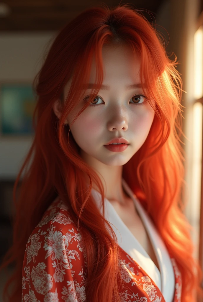 bmw e60 red hair girl on boned,beautiful detailed eyes,beautiful detailed lips,extremely detailed face,longeyelashes,flowing red hair,portrait or photography,ultra-fine painting,highres,realistic colors,vibrant and vivid colors,soft natural lighting very realistic raw