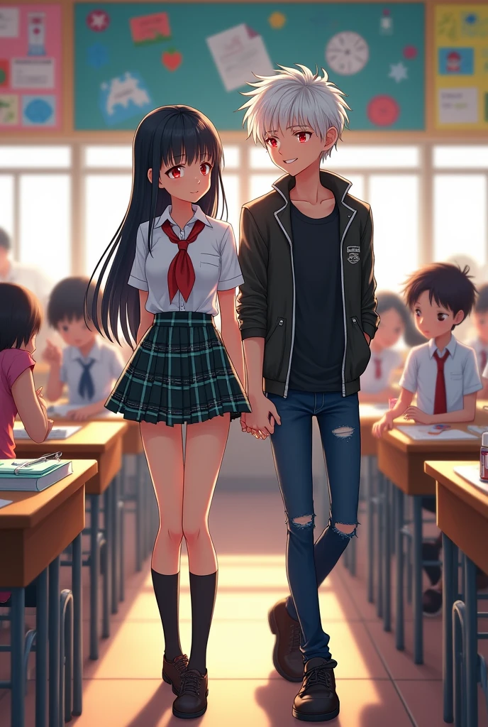 Draw a  girl with black hair next to a teenage boy with white hair and red eyes in the classroom..
anime styling