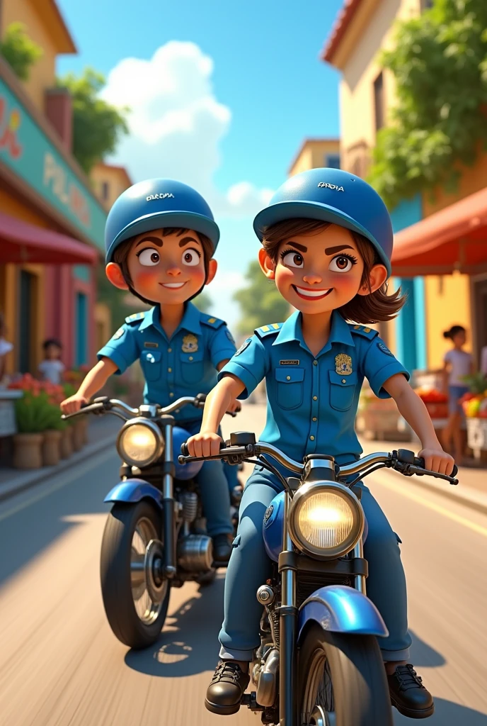 Two military police officers from Paraná on motorcycles in Pixar-style drawings