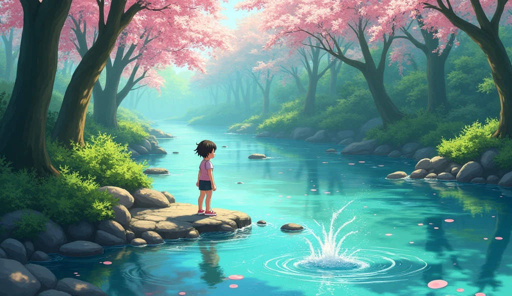 River, trees, beautiful scenario, stone thrown to river which creates splash, in anime style,
