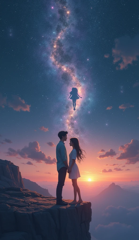 A realistic and emotionally charged illustration of two souls connected across a vast cosmic expanse. The scene is set in a serene, starry night sky, with galaxies and nebulae swirling in the background. In the foreground, a person stands on the edge of a cliff, gazing longingly at the horizon where the sun is setting. The fading sun symbolizes the sorrow of separation.
Above the cliff, a faint, ethereal figure, representing a lost love, reaches out from the stars, their form illuminated by the soft glow of distant celestial bodies. The two figures are connected by a glowing thread of light that spans the distance between them, symbolizing their eternal bond that transcends time and space. The expression on the person's face is a mix of sorrow and hope, capturing the belief in a reunion beyond this dimension.
In the sky, constellations form the shape of a heart, and shooting stars trace a path between them, adding a touch of magic to the scene. The overall mood is one of bittersweet beauty, blending elements of realism with a dreamlike, otherworldly atmosphere.
The typography is subtle, with the words "And I see you there" integrated into the starlit sky, almost as if written by the stars themselves.