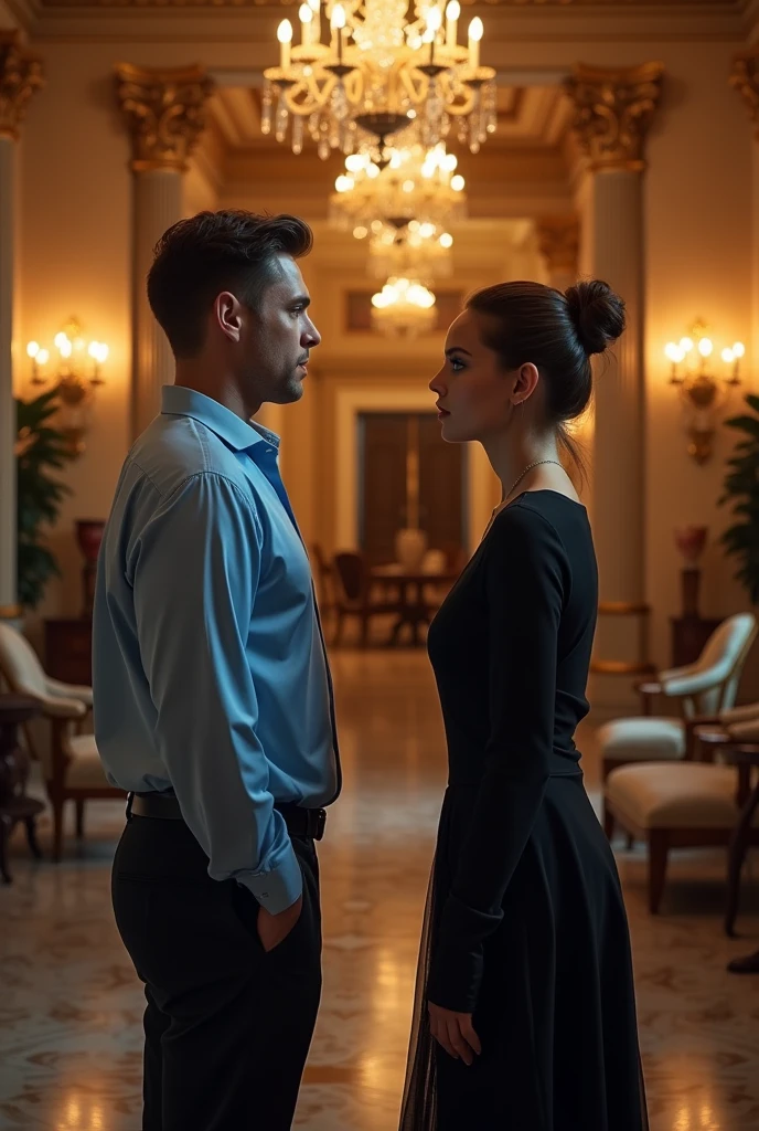 Young man named Steve wearing blue shirt sees the girl named Emily wearing black clothes at rich old man named dereck wearing blue shirt mansion