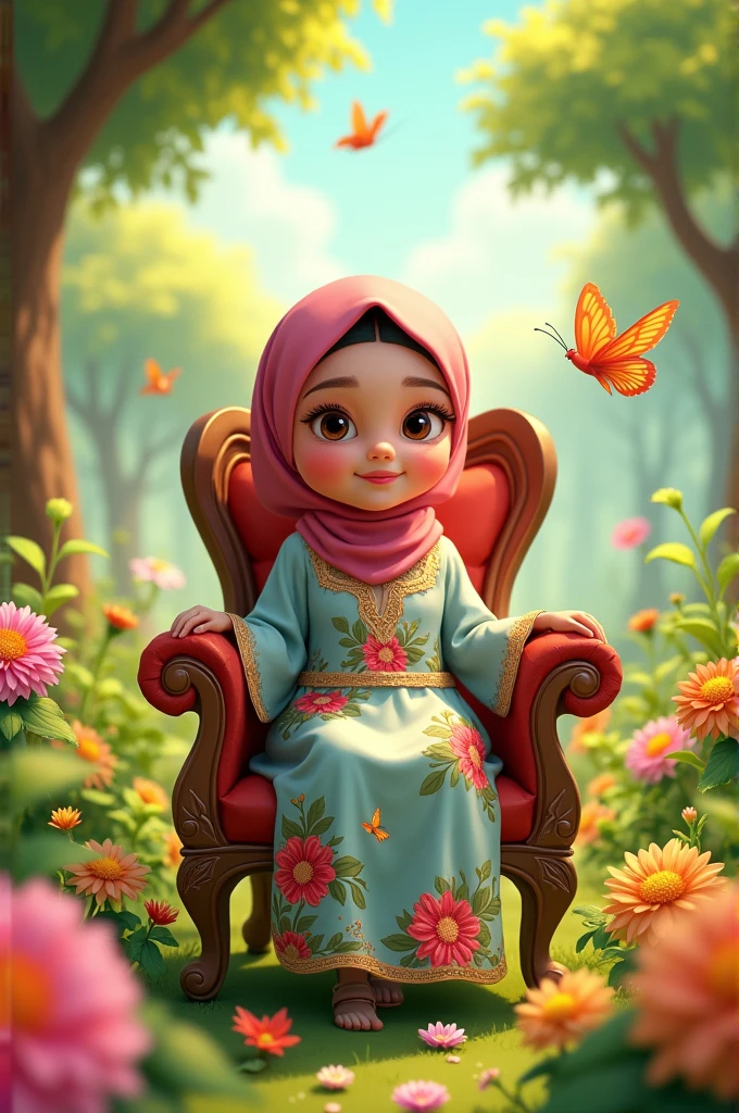 A beautiful kid girl cartoon is wearing beautiful dress and hijab and sitting on the chair in the garden