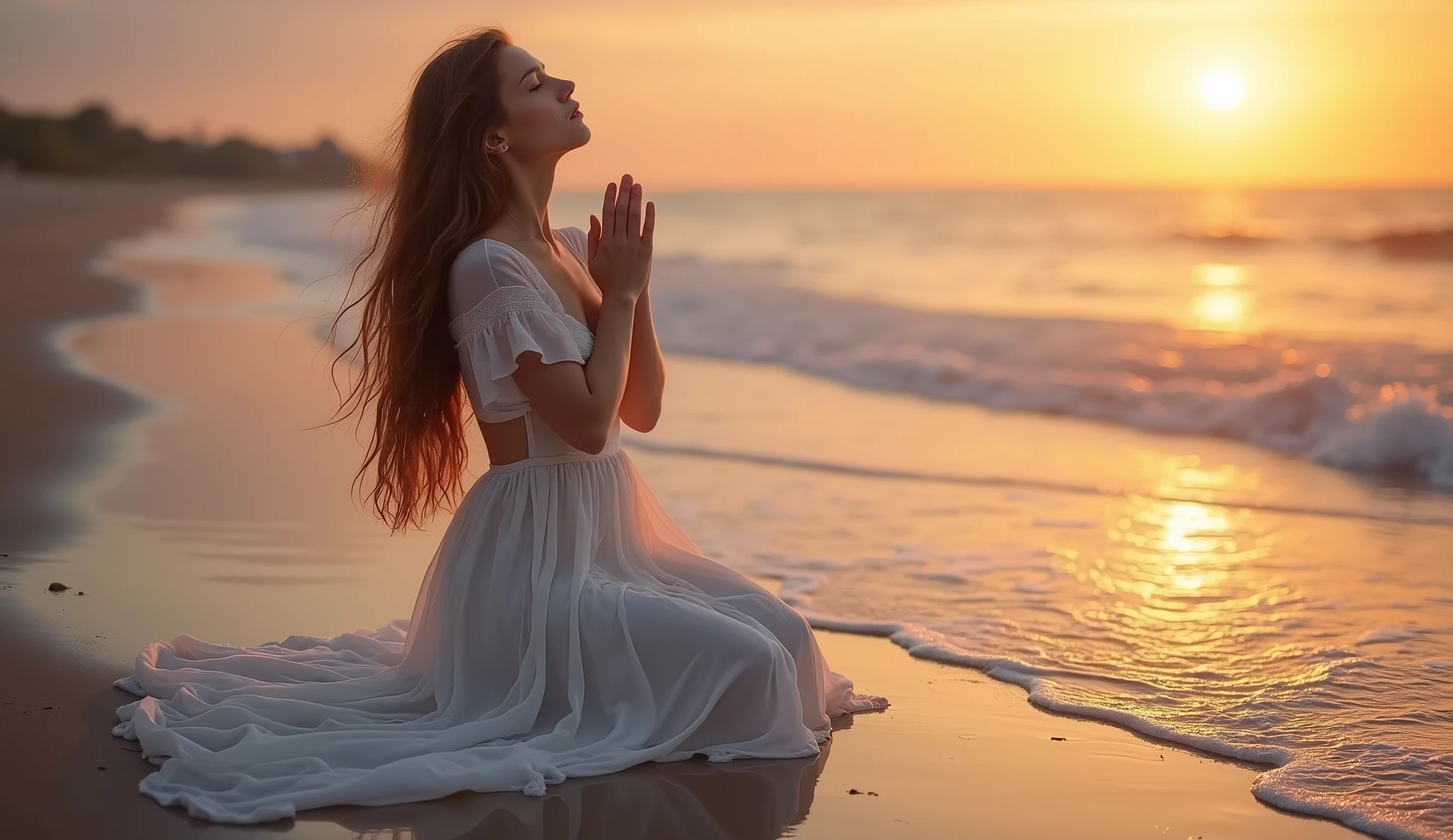 A photorealistic image of a young woman with long, flowing hair, kneeling on a serene beach at sunset, her hands clasped in prayer. The sky is painted with soft hues of orange and purple, reflecting her somber mood. Gentle waves lap at the shore, and her expression conveys deep longing and sadness. The scene captures intricate details of her clothing, the texture of the sand, and the delicate play of light on the water, shot with an 85mm lens, f/1.2 aperture for a shallow depth of field, emphasizing her emotional state.