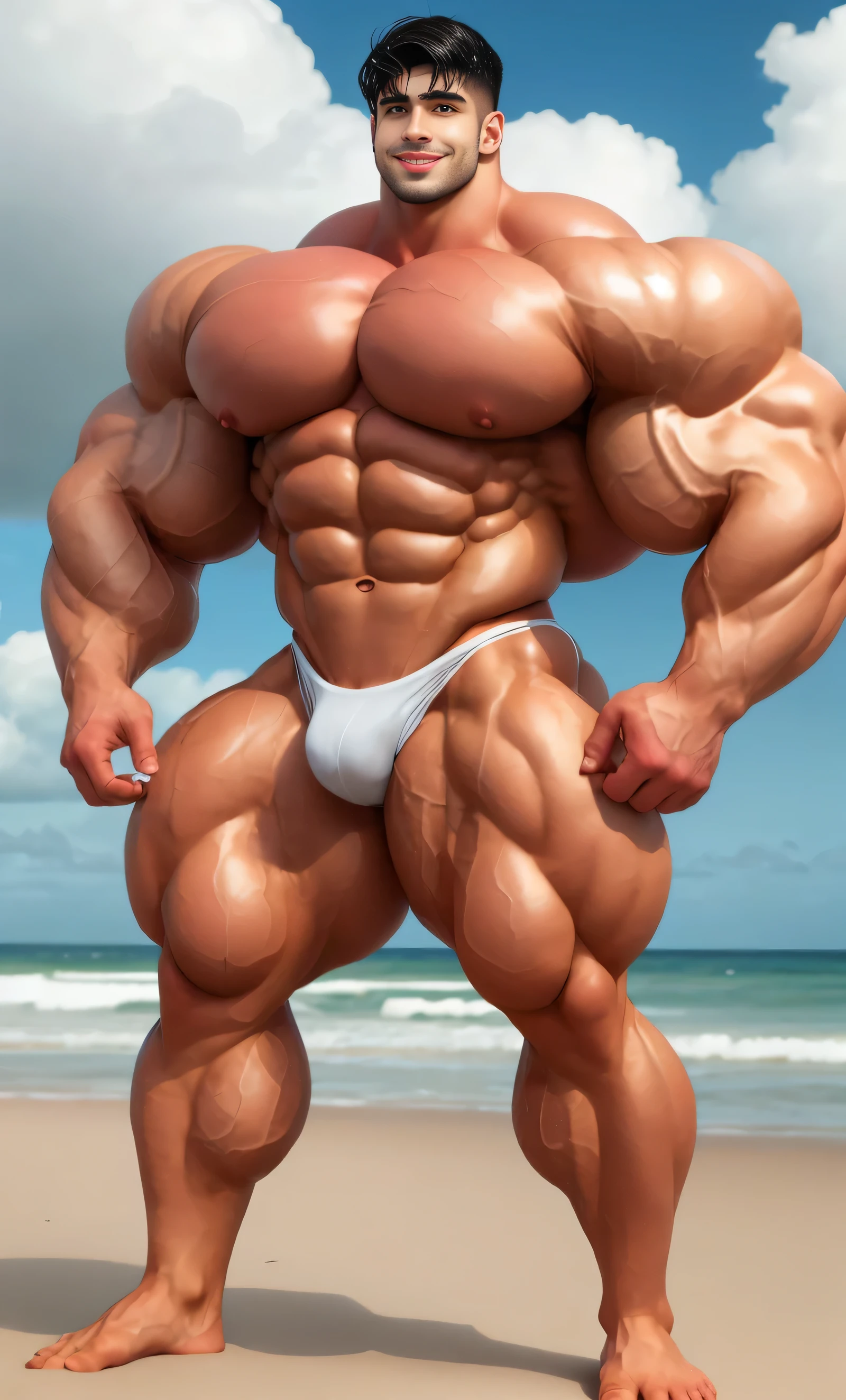 4 meter tall young man with a goatee and long curly black hair. 20 years old. Young face. Standing relaxed in a beach city. Muscular. Wearing a small shiny black latex thong. Big ass. Pale white skin. Smooth body and face. Long long legs. barefoot, small smile, big bulge in thong, show abs, wide huge shoulders, very tall. high detail face. show full height, full body view, same hight point of view. show full height from toe to head. Wet body. Huge protruding female tits and huge swollen nipples, thick neck, long body, long torso, long legs, fat ass, huge bubble butt, ten pack abs, soft muscles, tropical beach, realistic, body covered in droplets of water, 