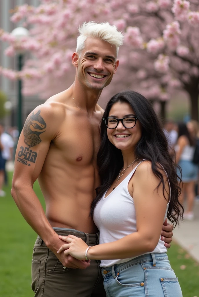 A thin man but with muscles, with white hair and a tattoo on his left arm and a mole below the left nostril. He is holding hands with a chubby woman with black hair, braces, and glasses. The woman has no tattoos. Both of them appear young, the man 23 and the woman 16.