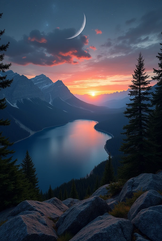 A picture from the top of a mountain, The image shows a large, round, dark lake in the foreground., We can see a mountain on the left side and a mountain on the right side, both are medium-sized.. in the center of the sky there is a medium-sized crescent moon with stars around it in the dark and starry sky the sun is beginning to rise and we can only see the lower part of the sky on fire, we don&#39;t see the sun, and this whole image is reflected in the dark lake, the mood of the photo is dark and there are pine trees on the sides of the mountain going down to the lake 
