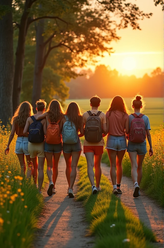 seven friends walking on the road