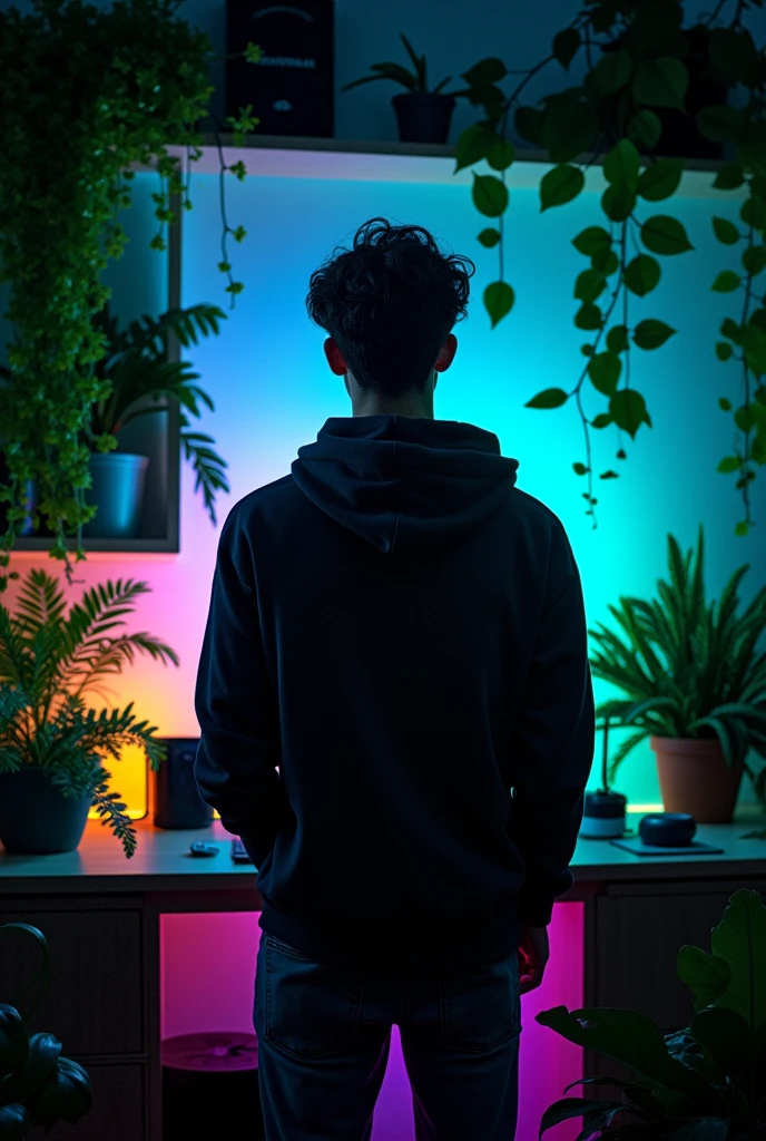 A 20-year-old gamer with his back to the camera in a room filled with plants, with neon lights hidden amongst the plants. 