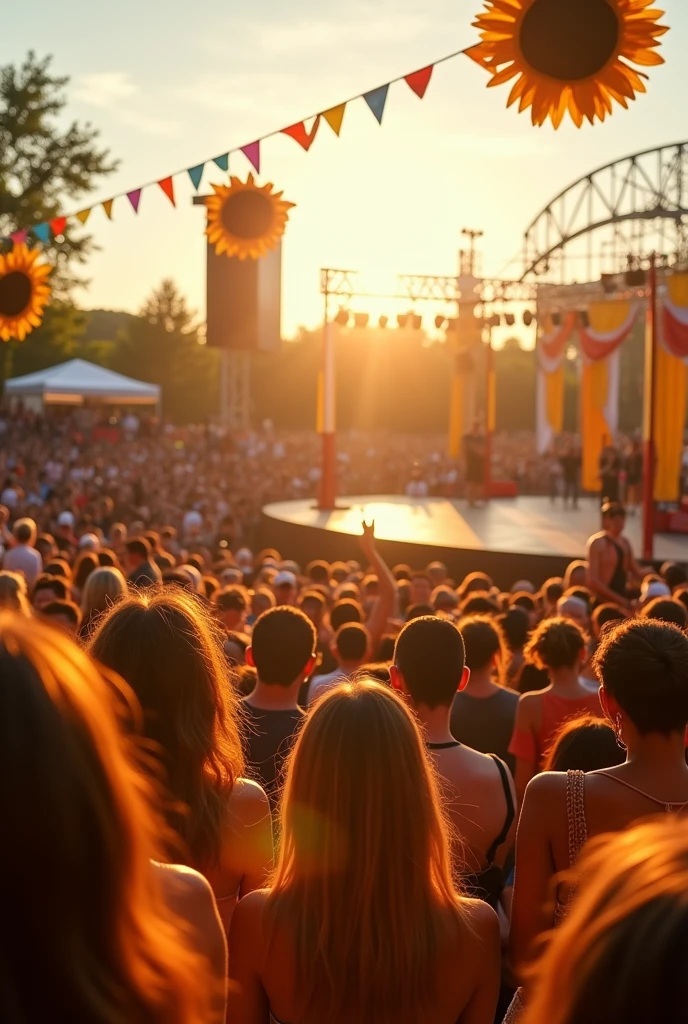 a show with a summer aesthetic, orange and yellow colors, with a huge audience