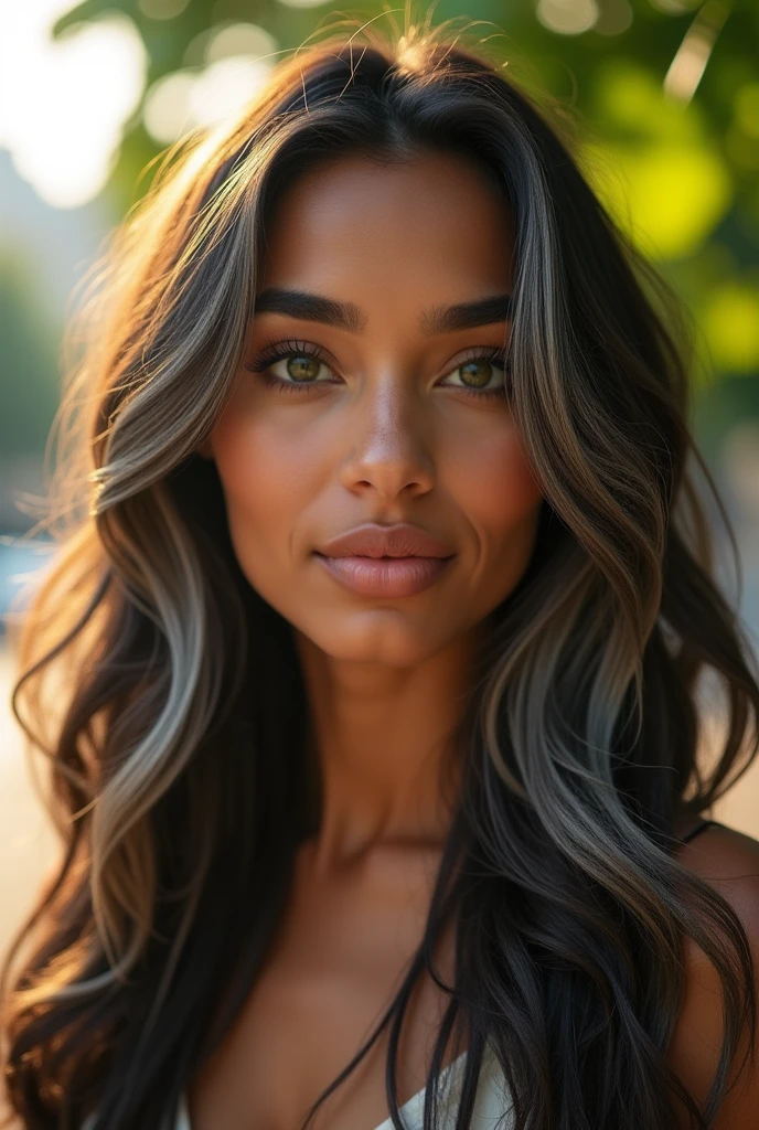 Woman with exotic features with little makeup, green slanted eyes, hair with some gray hair, brown skin, medium lips, younger, darker hair color, in the same image, make the hair grayer