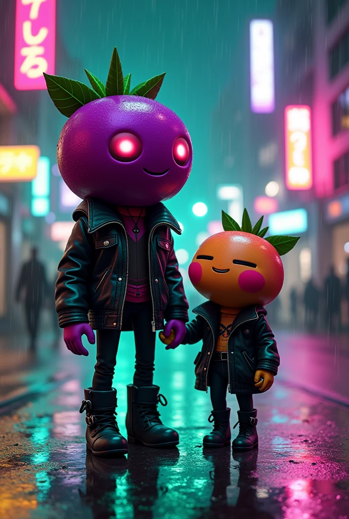 "Create an urban night scene, with a light rain falling. En el centro de la imagen, place two characters with fruit-shaped heads, like shiny purple raspberries. The larger character should be a stylized humanoid, wearing a black leather jacket, black pants and boots, with a futuristic punk style. Their fruit-shaped head should have a happy expression, with big, bright eyes and a small smile. The second character should be a smaller version, more adorable, with a round fruit head and green leaves coming out of the head, reminiscent of a plant. They are together on an urban street lit with vibrant neon lights, like green and purple. The environment reflects a rainy night atmosphere, with reflections of lights in the puddles of water on the sidewalk. The overall aesthetic should be fun, cute and slightly futuristic."