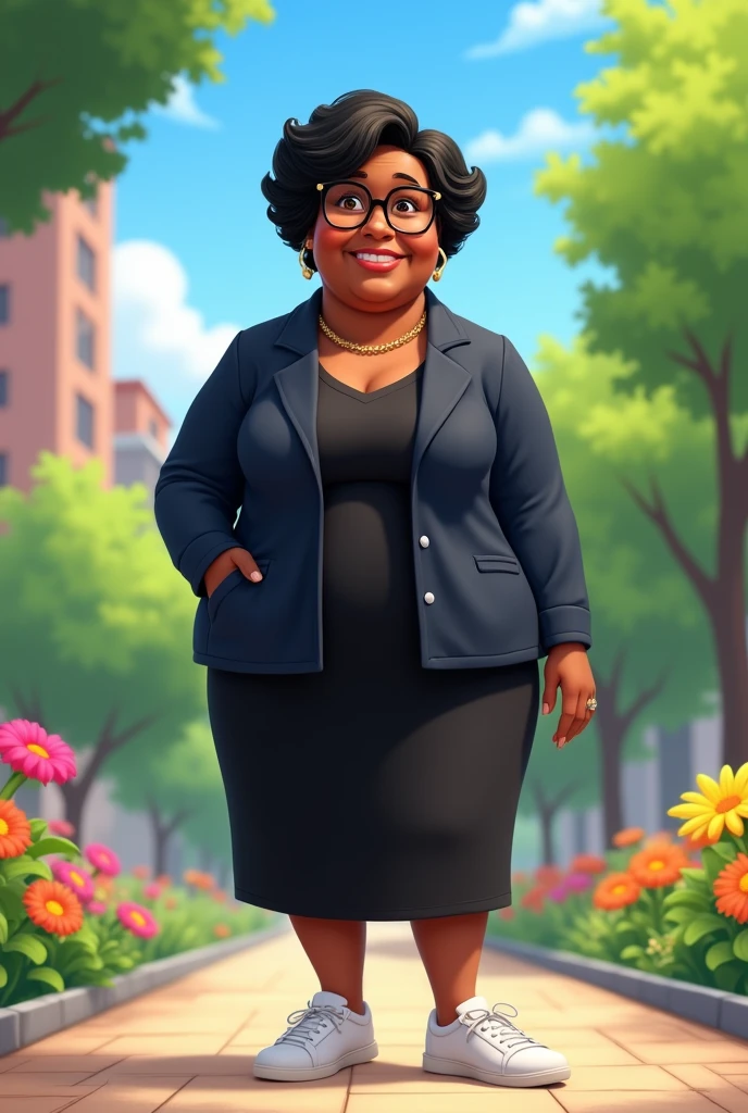 Create a slightly overweight black woman in the Disney Pixar style, 79 years old with masculine black hair, brown eyes, wearing a black dress, navy blazer, and white sneakers.