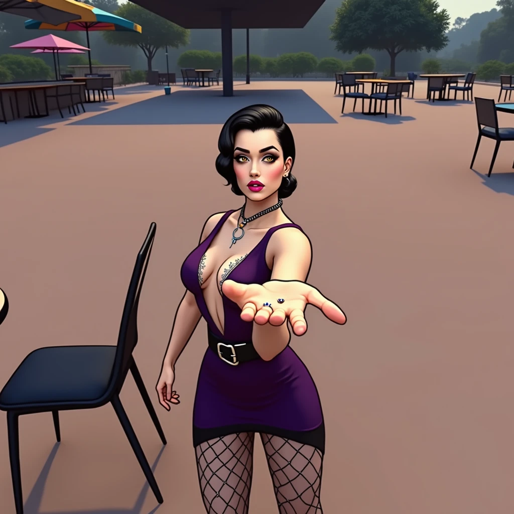 there is a white woman standing in a purple dress blowing a kiss toward the camera. her hand is extended toward the camera with he palm up and her fingers spread, foreshortening, her other hand is down by her side. lacivious pose, doing a sassy pose, she has distinctive (gold eyes:1.3) that make her stand out, her short black hair is pulled back, pale skin. fishnet stockings, metal belt, wedding ring, dog collar, purple lipstick. a black patio chair is next to her, with more patio chairs, tables and umbrellas in the background, along with trees, a patch of grass. A concrete ramp leads up to a higher level. realistic, ultra realism, 4k, hd, uhd, realistic skin textures and shadows, highly detailed eyes, kissing lips. view from above, pov from above. emphasize the hand in the foreground, ensure it has the correct number of fingers.