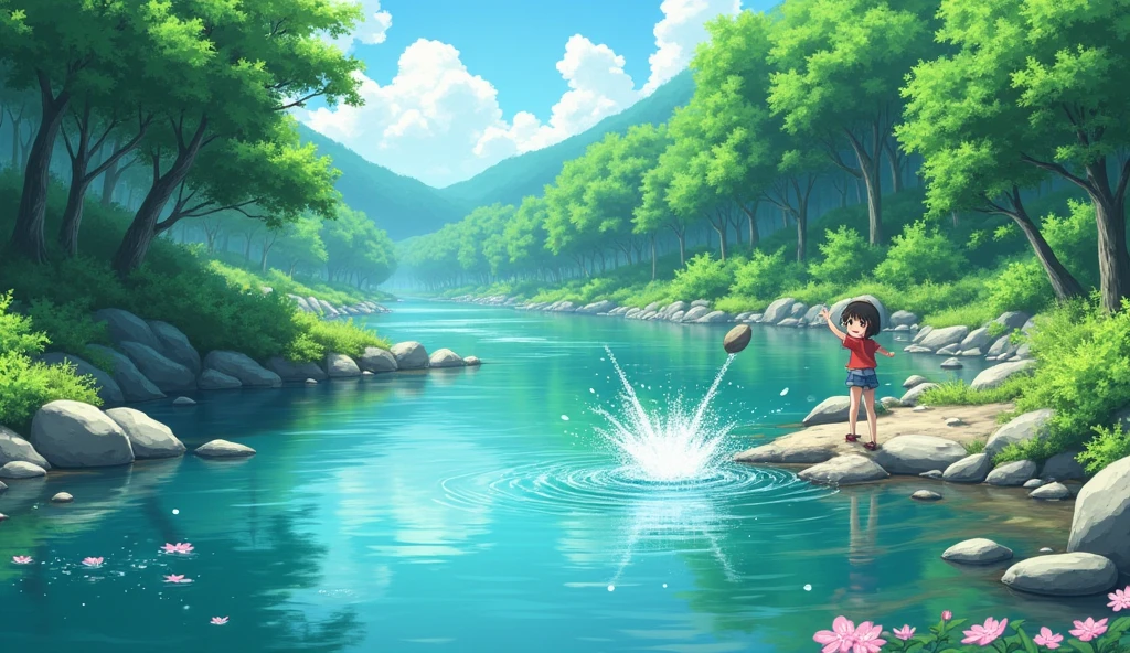 River, trees, beautiful scenario, stone thrown to river which creates splash, in anime style,